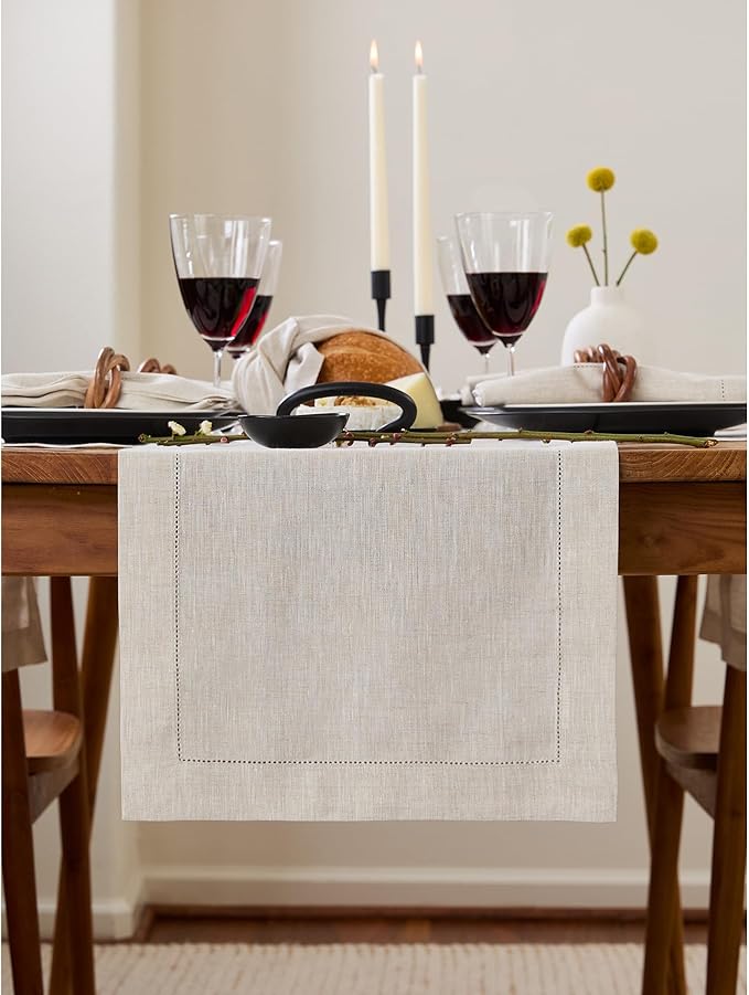 Solino Home Linen Table Runner 108 Inches Long - Classic Hemstitch 100% Pure Linen Light Natural Dining Table Runner 14 x 108 Inch for Fall, Autumn, Thanksgiving