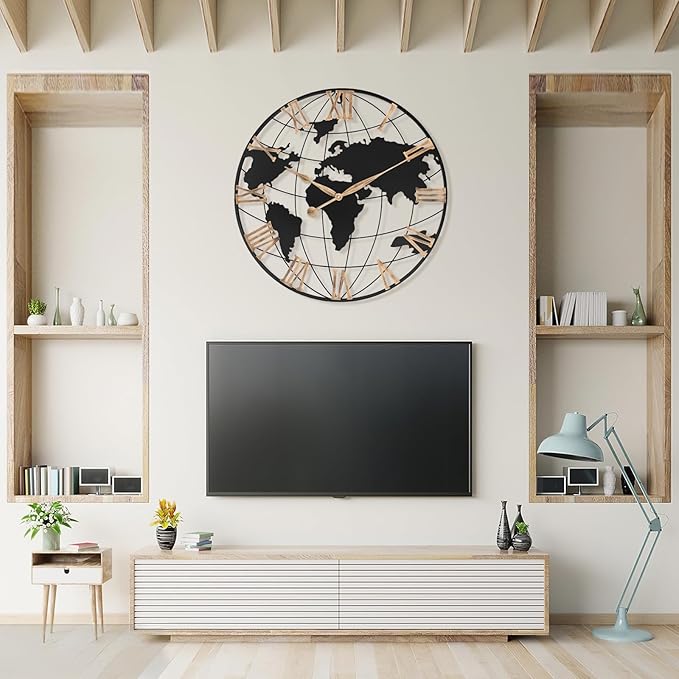 30 Inch Extra Giant Large Wall Clock Oversized,Black Big Metal Modern Decorative Silent World Map Wall Clock with Vintage Gold Roman Numeral for Office,Living Room,Kitchen,Dining Room Decor