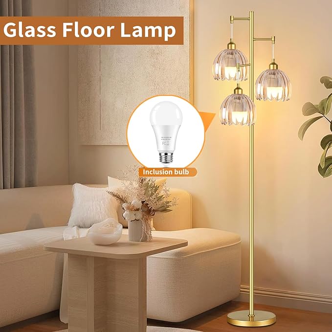 Gold Floor Lamp for Living Room,Bedroom,Tree 3 Light Standing Lamp Mid Century Modern Brass Tall Floor Lamps Vintage Retro Floor Lights Glass Flower Amber Lamp Shade Farmhouse Boho Bohemian