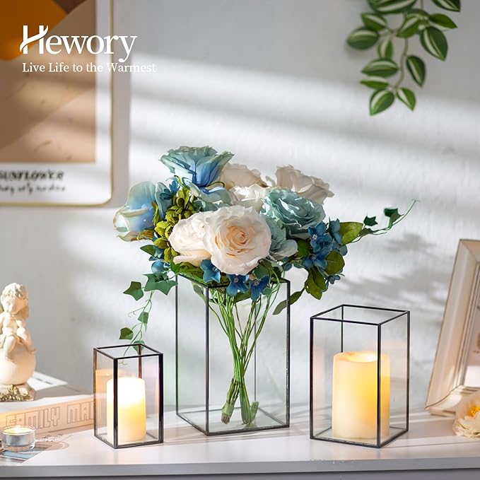 Glass Hurricane Candle Holder Large - Hewory 6pcs Black Rectangle Flower Holders Centerpiece for Table, Tall Floor Square Pillar Candle Lantern for Wedding, Anniversary, Party, Fireplace, Dining Room