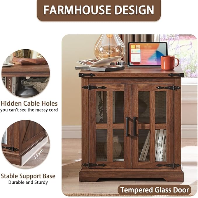 Farmhouse End Table with Charging Station,24" Large Sofa Side Table with Glass Barn Door, Rustic Wood Nightstand Bedside Table with Adjustable Storage Shelf for Living Room, Bedroom, Walnut