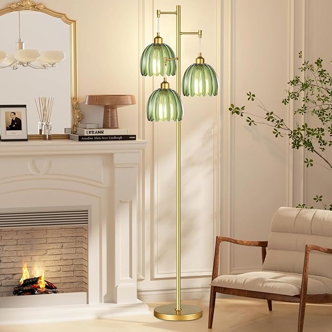 Gold Floor Lamp for Living Room,Bedroom,Mid Century Modern Standing Lamp Brass Tree 3 Light Tall Floor Lamps Vintage Retro Floor Lights Glass Green Flower Lamp Shade Farmhouse Boho Bohemian