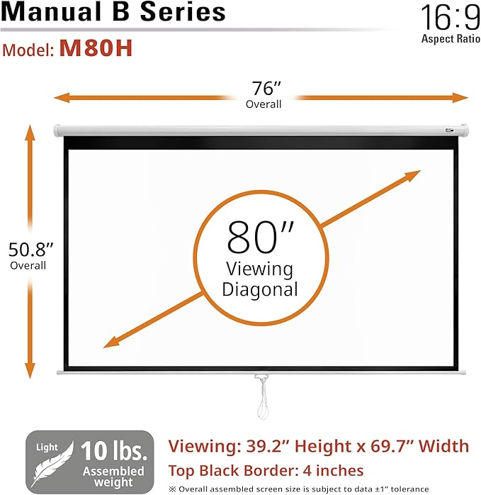 Elite Screens Manual B, 80-INCH Manual Pull Down Projector Screen 4K/8K Home Theater Movie Gaming Projection Screen, M80H
