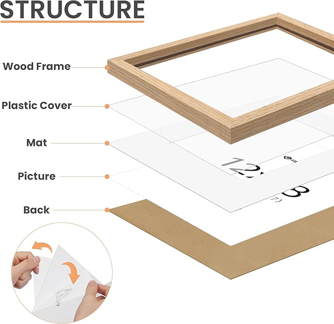 upsimples 12x18 Frame, Natural Solid Wooden Picture Frames, Display 11x17 with Mat or 12 x 18 Without Mat, Vertical or Horizontal Wall Hanging, 1 Pack, Natural