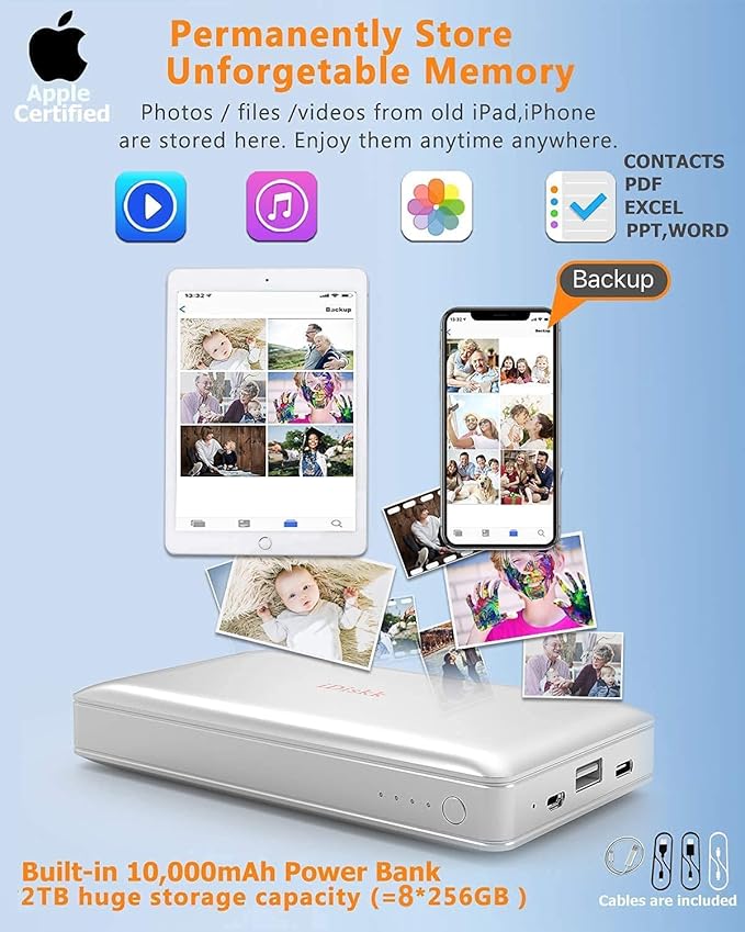 iDiskk App-le Mfi Certified 2TB External Hard Drive for Photo Stick for iPhone 17 and 16,iPad Android Phones, Mac,iPhone Photo Stick Photo Storage to Backup Photos | Videos | Files,10000mAh Power Bank
