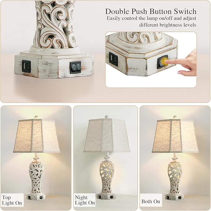 25'' Farmhouse Table Lamp for Living Room Bedroom, 2 USB Ports Vintage Rustic Nightstand Desk Lamp with Nightlight, White Hollow Out Resin Lamp for End Table (Bulb Included)