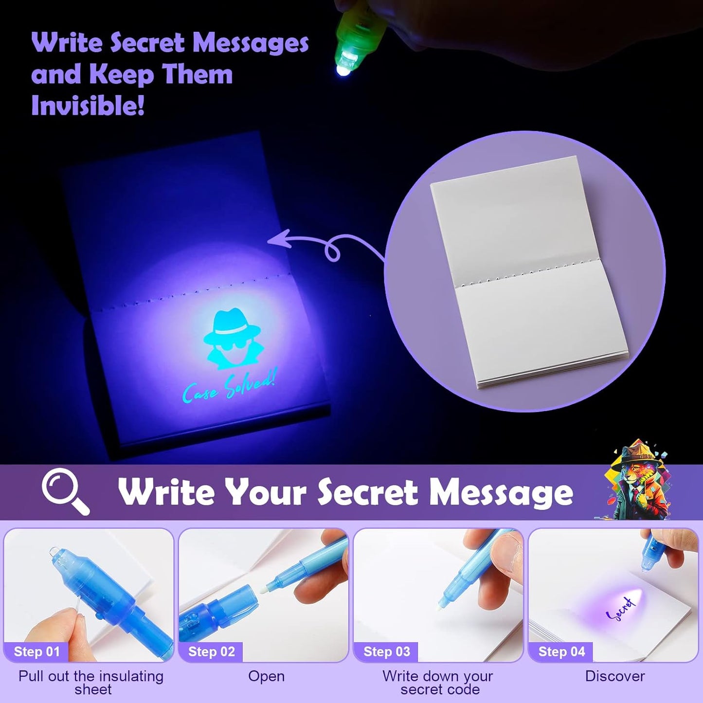 16Pcs Invisible Ink Pen Set with UV Light, Mini Notepads & Favor Bags, Spy Pens for Kids, Top Secret Message Magic Markers, Disappearing Ink, Detective & Escape Room Themes