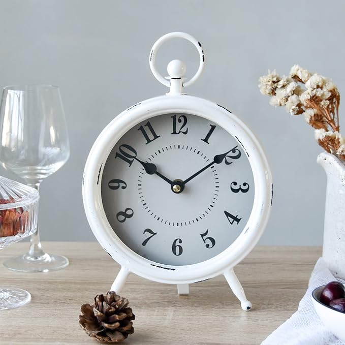 Vintage Rustic White Table Clock on Stand, Decorative Desk & Shelf Clock, Rustic Mantel Farmhouse Non-Ticking