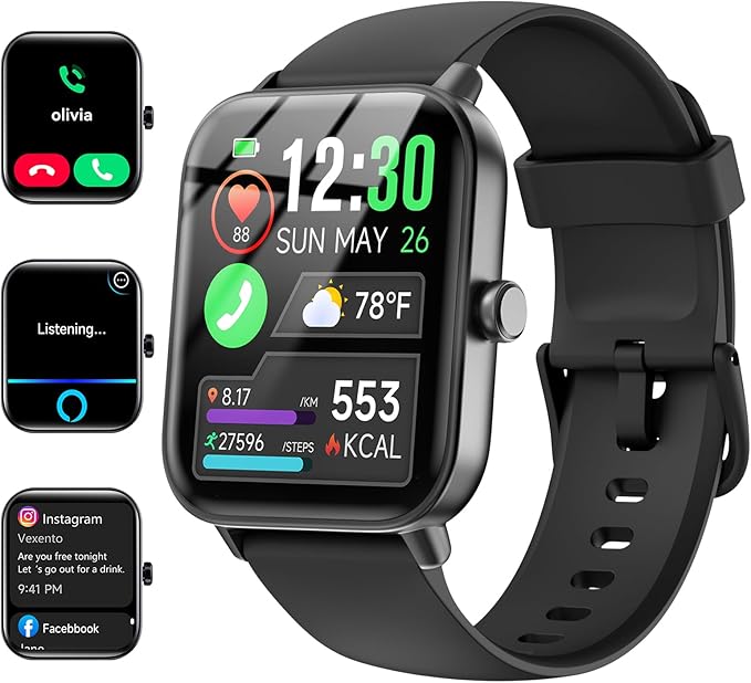 Smart Watches for Women/Men, Smart Watch for Android Phones and iPhone Compatible, Alexa Built-in, 1.8" Fitness Watches for Women, IP68 Waterproof /Bluetooth Call, Heart Rate/Sleep Monitor, Black