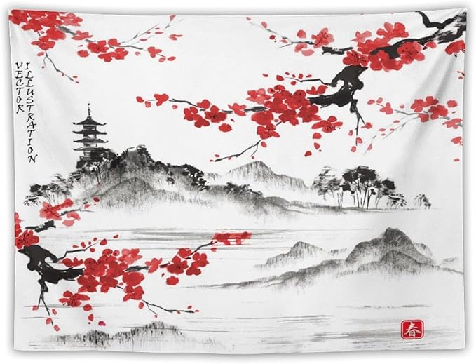 Cherry Blossoms Tapestry, Japanese Fuji Mountain Tapestry, Asian Japanese Wall Tapestry, Nature Landscape Tapestries for Bedroom Living Room Decor 60"x50"