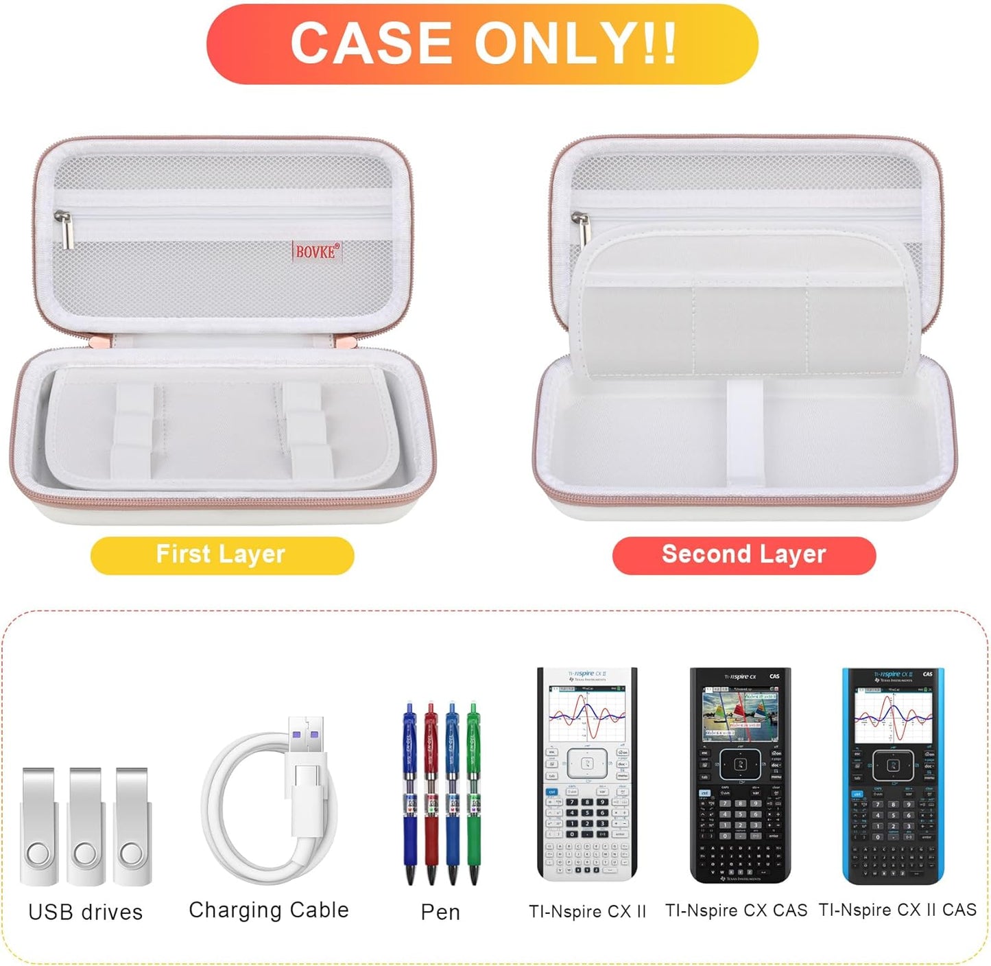 BOVKE Calculator Case for Texas Instruments TI-Nspire CX II CAS/CX II/CX CAS/CX Color Graphing Calculator and More - Extra Mesh Pocket for USB Cables and Other Accessories, White