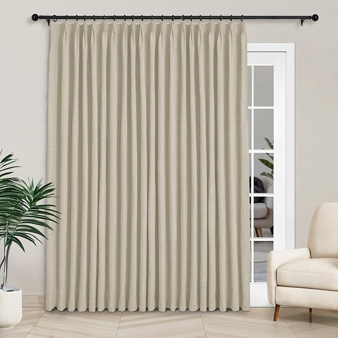 Macochico 120”Wx102”L 100% Blackout Linen Curtains Pinch Pleated Thermal Panels for Sliding Door Bedroom Living Room Farmhouse Shabby Chic Beige Burlap Curtains with Tieback 1 Panel