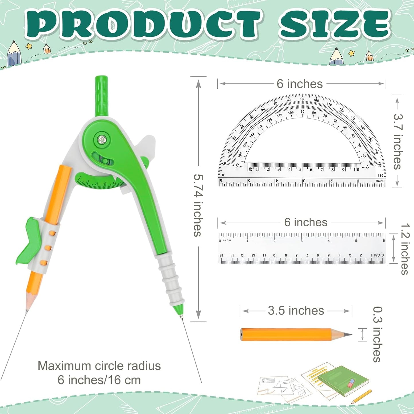 36 Pack Math Compass & Protractor Geometry Math Plastic Ruler Set Drawing Compass with Pencils 6 Inch Plastic Protractor for Geometry Bulk for Office Woodworking Art Drawing