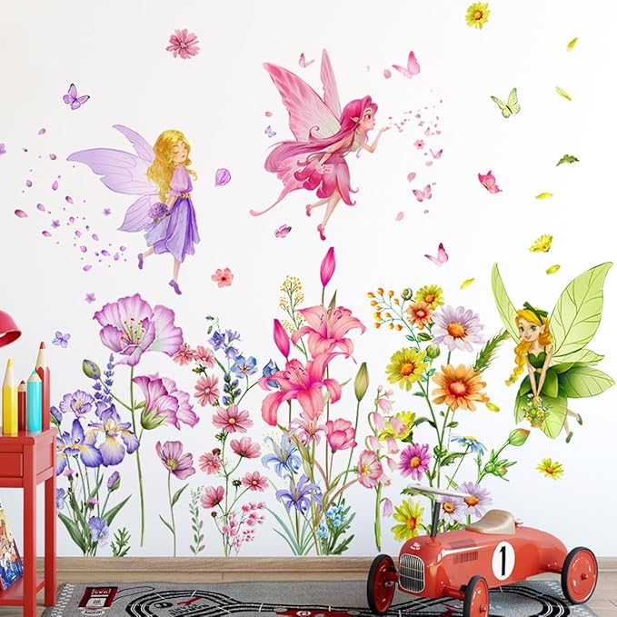 Set of 3 Sheets Size 40x12 Inch Spring Summer Window Cling Sticker Angels, Flowers, and Butterfly Window Stickers, Spring and Summer Decor, Wall, Window Glass Display Stickers (Fairy Theme)