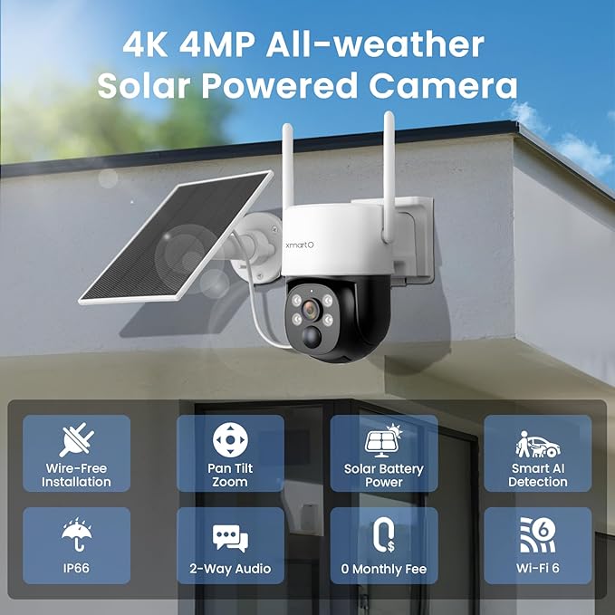xmartO 100% Wire-Free PTZ Solar Home Security Camera System Wireless, 16-Set 2K 4MP QHD CCTV Camera Kit with 4k 16CH Expandable Wi-Fi 6 NVR Screen, All-Weather Solar Charge