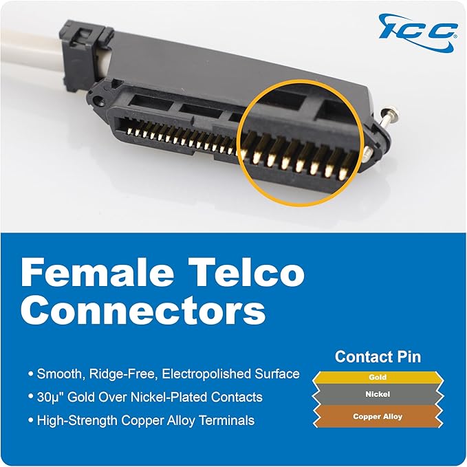 ICC Female to Female 25 Pair Telco Cable 10ft - Cat3 24AWG, 100% Solid Pure Copper, Gray Riser CMR Cable with 90 Degree 50 Pin Telco Connector for Voice and Low Data PBX Applications, 10 Feet