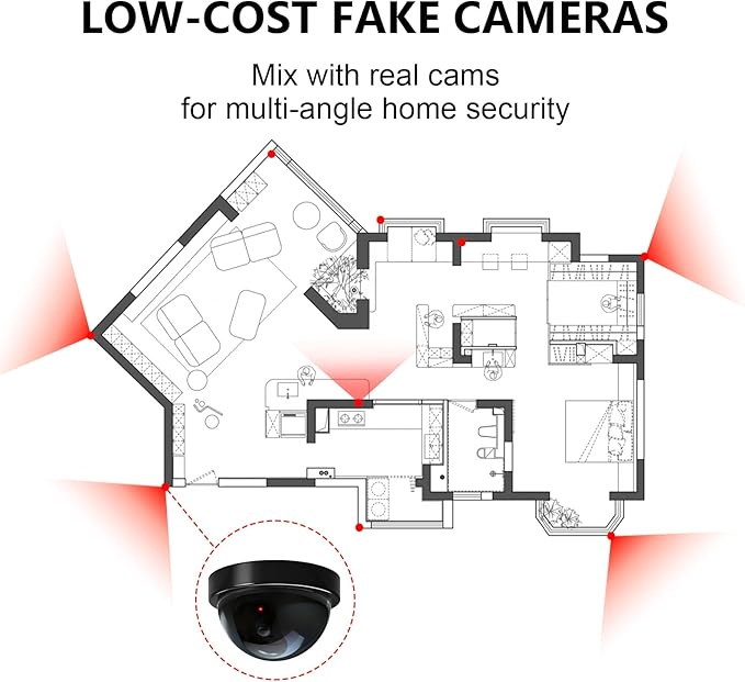 WALI Dummy Fake Security CCTV Dome Camera with Flashing Red LED Light with Security Alert Sticker Decals (SD-4), 4 Packs, Black