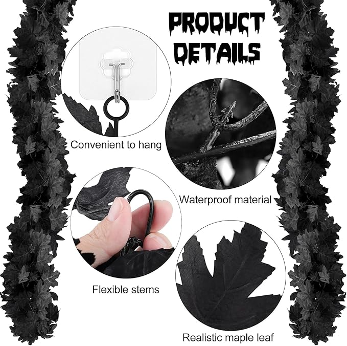 Joyhalo 6 Pack 5.7FT Black Maple Leaf Garland,Halloween Artificial Hanging Black Vines,Halloween Outdoor Garland for Mantle,Door Frame,Fireplace and Thanksgiving Decor