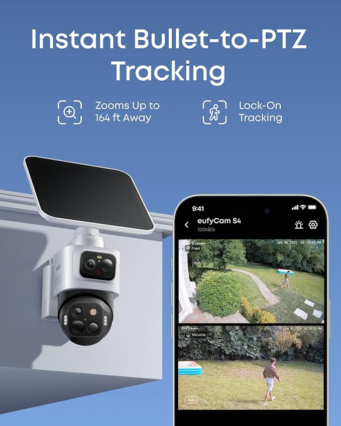 eufy Security eufyCam S4 2-Cam Kit, Solar Security Camera Wireless Outdoor, Triple Lens Bullet-PTZ Cam, 4K UHD, 360° Pan and Tilt, Auto Track, 8× Hybrid Zoom, Color Night Vision, Expandable Storage