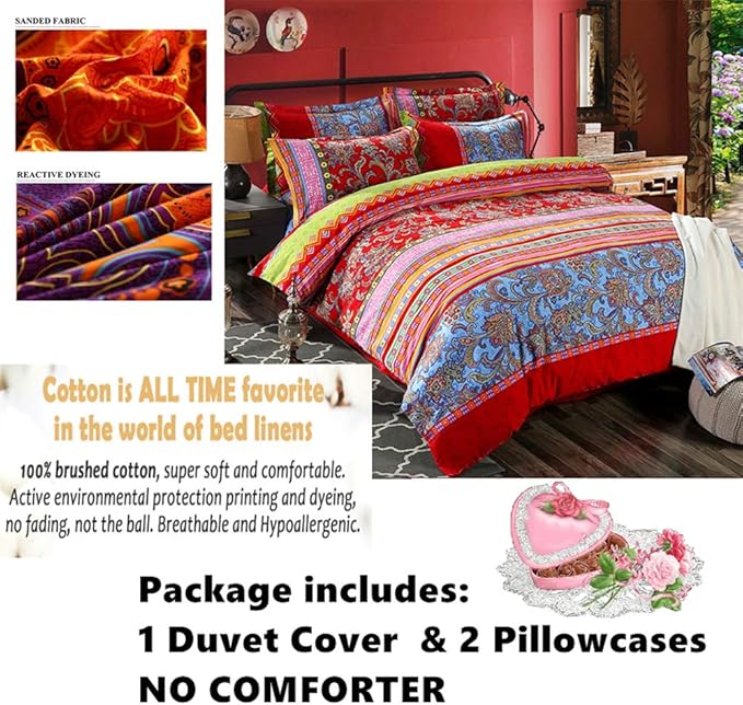ABREEZE Bohemian Vintage Full Size Floral Cotton Bedding Set 3Pcs Duvet Cover Set Boho Green Paisley 100% Egyptian Brushed Cotton Reversible Home Bedding Collection