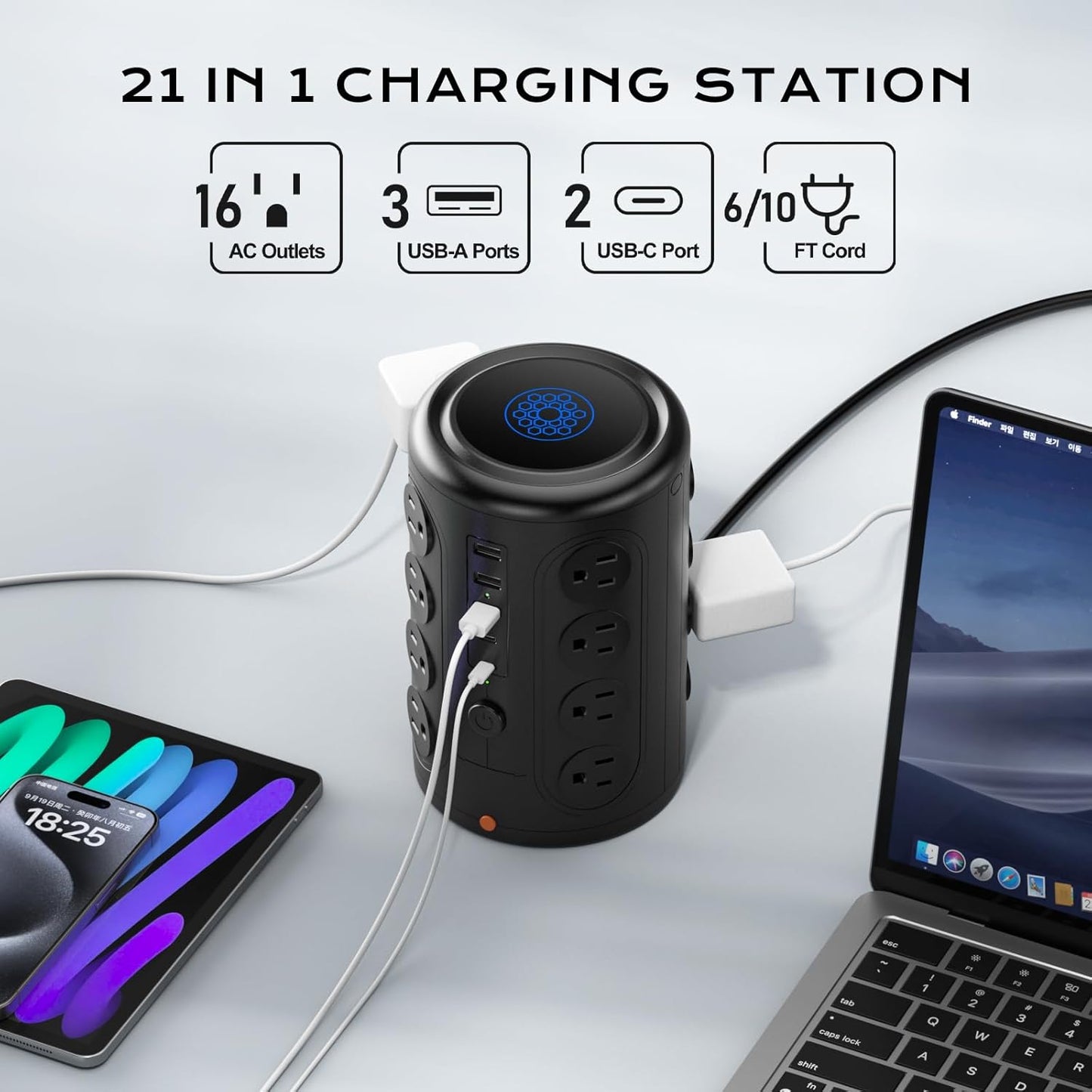 Heavy Duty Power Strip Tower with 16 Outlets and 5 USB Ports (2 USB-C), TenTrend 1500J Surge Protector with Multiple Outlets, 6 FT Extention Cord for Home Office Desk, Dorm Room Essentials Black