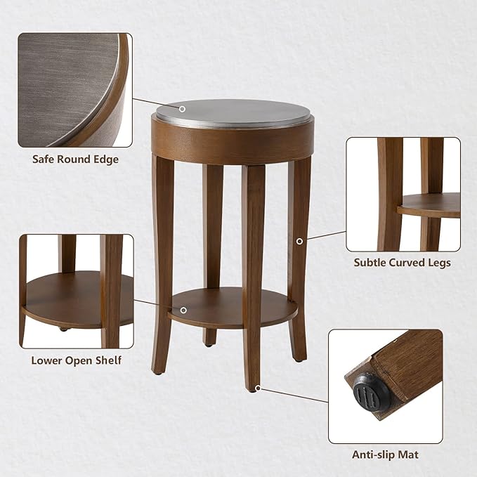 COSIEST Round End Table, 2-Tier Classic Brown Side Table, Farmhouse Wood Accent Table with Storage Shelf for Living Room, Bedroom, Office, Distressed Glaze Finish
