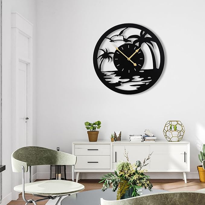 20inches/50cm Wall Clocks Palm Tree Battery Powered No Ticking Silent Round Black Modern Unique Metal Wall Clocks Suitable Living Room Kitchen Bedroom Fireplace Office Farmhouse。