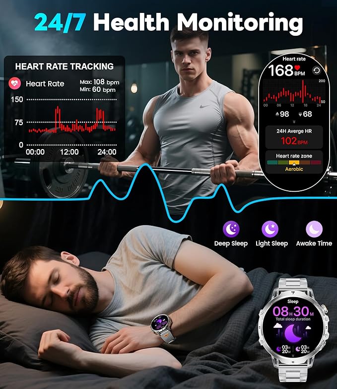 LIGE Smart Watch with 1.85" HD Large Screen, Android iPhone Smart Watches for Men with 1000mAh Battery/LED Flashlight/50M Waterproof/,120+ Sports Fitness Tracker Watch, Silver (Double Straps)