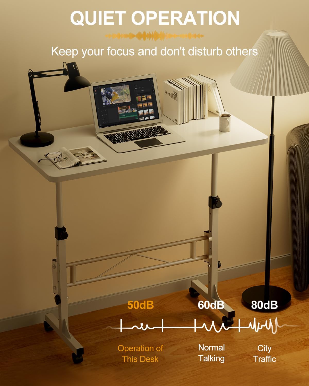 Small Standing Desk Adjustable Height, Mobile Stand Up Desk with Wheels, 32 Inch Portable Rolling Desks Computer Office Workstations for Walking Pad Treadmill White