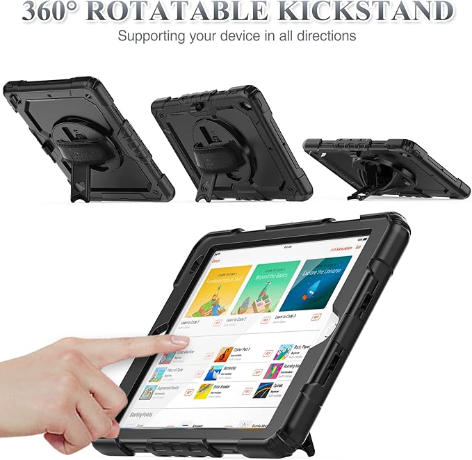 SEYMAC stock Case for iPad 9th/ 8th/ 7th Generation 10.2'', Shockproof with Screen Protector, Pencil Holder [360° Rotating Hand Strap] & Stand, for iPad 10.2 inch 2021-2019 (Black)