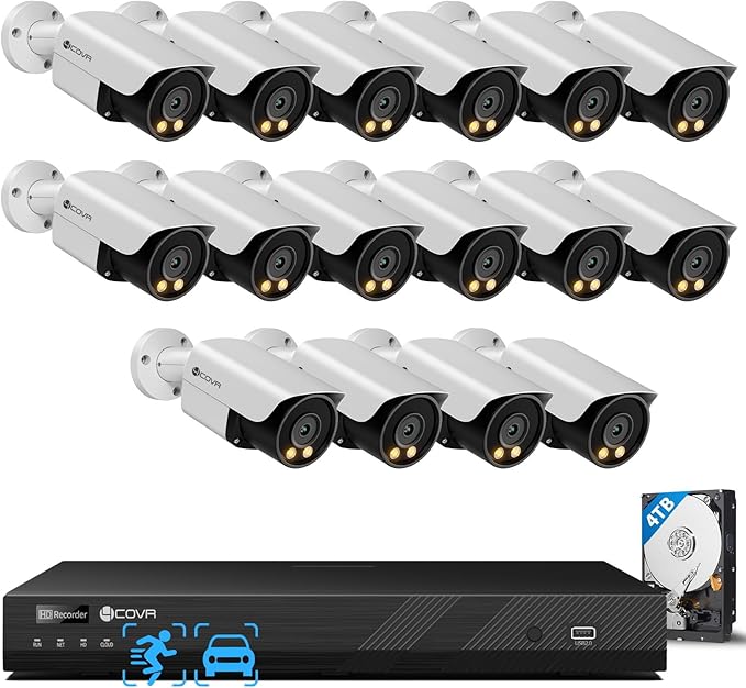 4COVR 16 Channel Security Camera System PoE, 2-Way Talk & Dual Lights Smart Full Color Night Vision, 16x 5MP Business IP67 Bullet IP Camera AI Human Vehicle Detection, 16CH NVR 4TB HDD, LY37YX5M1616