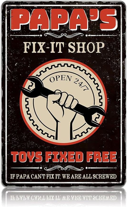 Papas Fix It Shop Metal Tin Signs for Garage Man Cave Decor Funny Papa Gifts - Vintage Tool Shop Papa's Workshop Signs, Father's Day Gifts Decorations 8x12 Inch