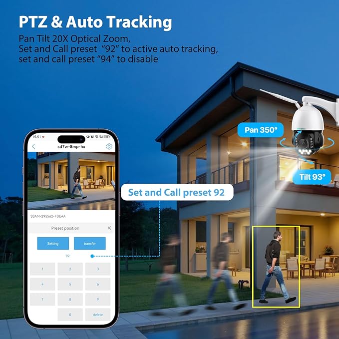 SV3C 5MP PTZ Outdoor Security IP Camera with 20X Optical Zoom, Dual-Band WiFi, Human Detection, 2-Way Audio, Floodlight Color Night Vision, Full Metal Housing, Support ONVIF/RTSP, SD Card Recording