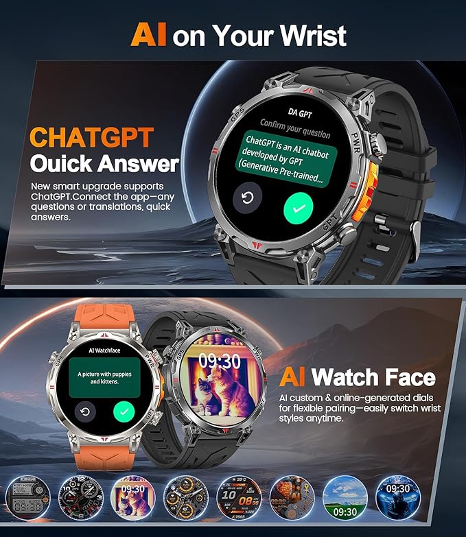 Military Smart Watches for Men GPS, 1.56" AMOLED Screen Bluetooth Call, Smartwatch for Android Phones and iPhone, 100+ Sport Modes, 3ATM Waterproof Smart Watch with Compass(Orange & Blue)