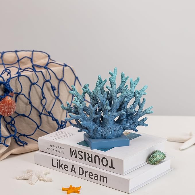 5.8" H Blue Coral Decor, Resin Coral Statue, Nautical Decorations for Home, Beach/Coastal/Ocean Themed Cabinet Shelf Tabletop Decor