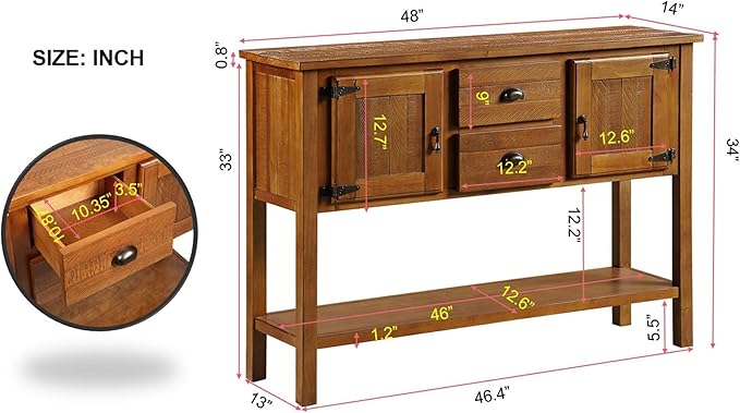 Solid Wood Farmhouse Console Table,Sofa Table with Storage Drawers and Shelves,Entryway Table for Entry Hallway Foyer,Fully Assembled (48" Brown)