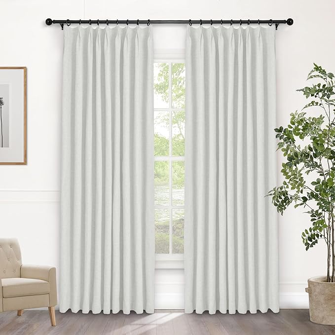 Macochico 100% Blackout Pinch Pleated Linen Curtains Thermal Window Treatments Sound Reducing Curtains for Bedroom Living Room Greyish White Farmhouse Burlap Drapes with Tieback 52”Wx63”L 1 Panel