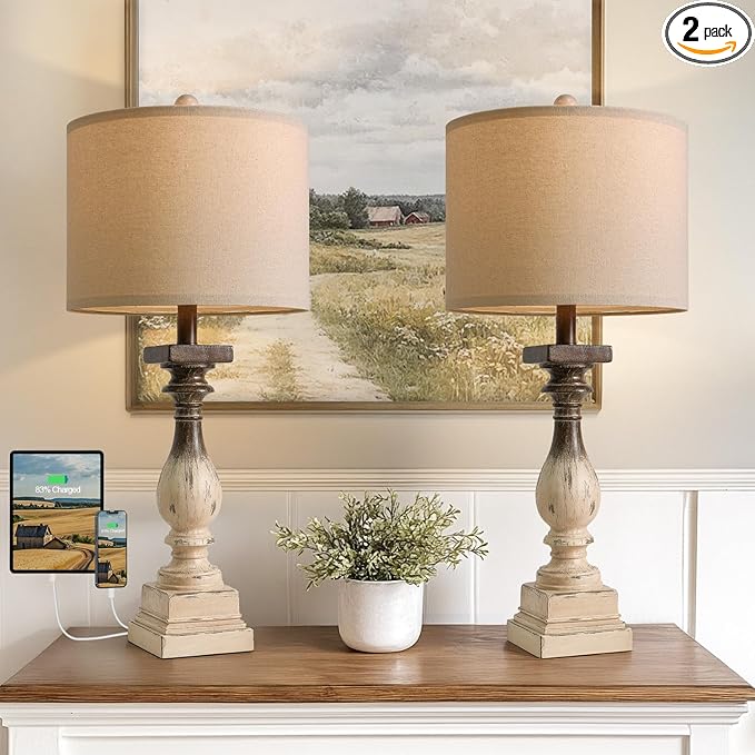 BOBOMOMO 27" Farmhouse Table Lamps with USB-A +C Ports, Vintage Rustic Side Table Lamps Set of 2, Linen Shade, Retro Bedside Night Stand Lamps for Living Room, Bedroom, Office, Home Decor