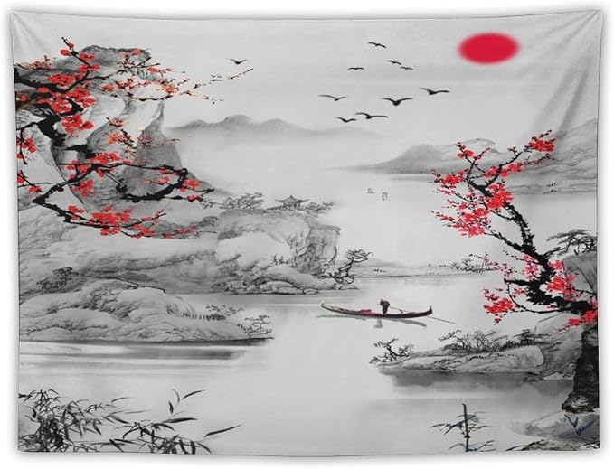 Cherry Blossoms Tapestry, Japanese Red Landscape Watercolor Abstract Art, Asian Japanese Wall Tapestry, Nature Landscape Tapestries for Bedroom Living Room Decor 40"x30"