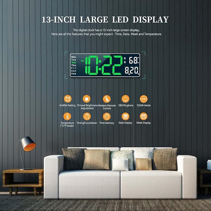 Digital Clock, Digital Wall Clock for Living Room Decor, Desk Alarm Clock for Bedroom, Large Wall Clock with Remote Control, Automatic Brightness Dimmer LED Clock with Date Temperature Week (Green-W)