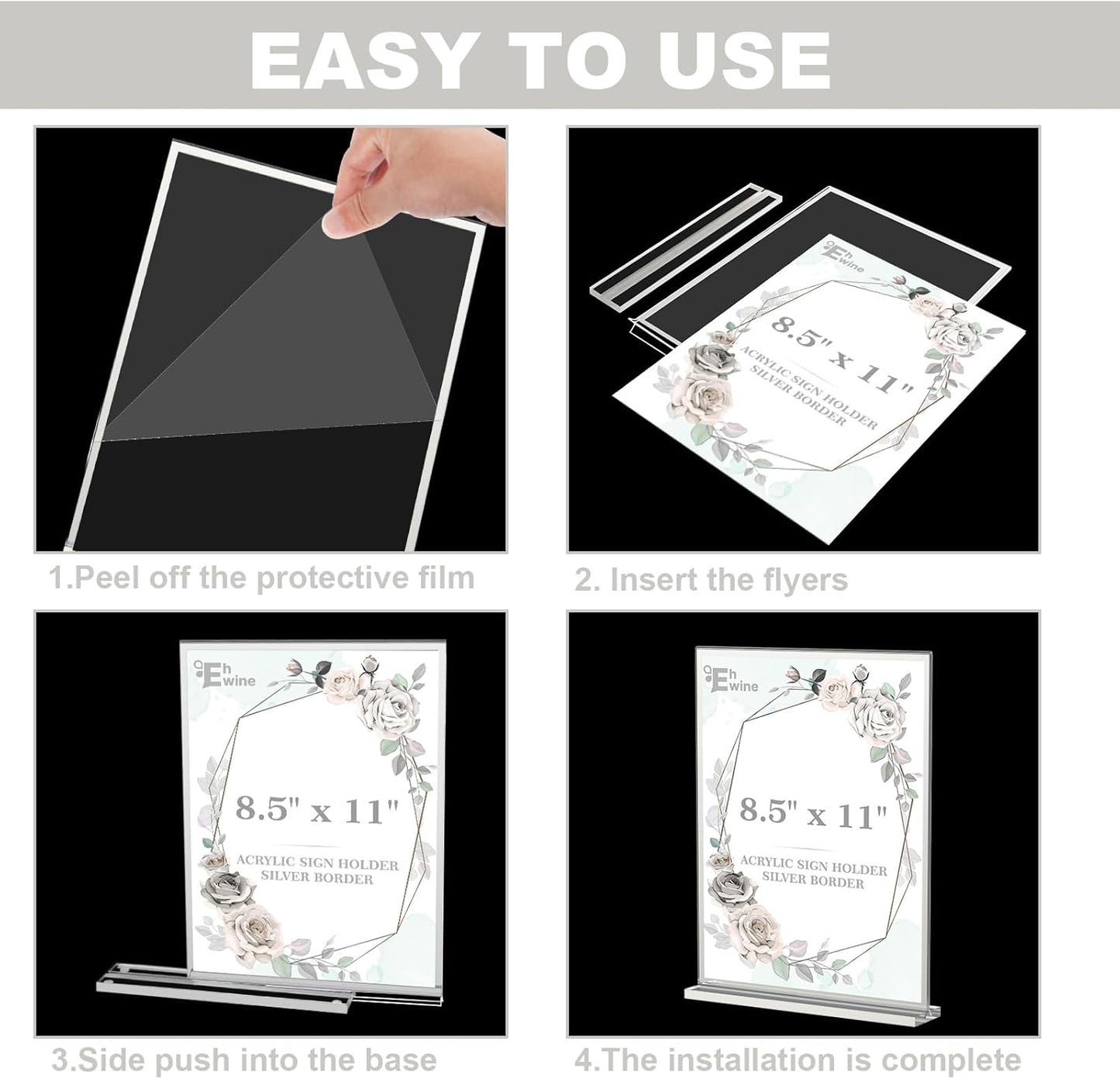 EHWINE 8 Pack Acrylic Sign Holder 8.5 x 11, Double-Sided Tabletop Silver Sign Holder, Clear Acrylic Picture Frame Menu Flyer Paper Holder Display Stand for Home Wedding Party (with Non-Slip Pads)