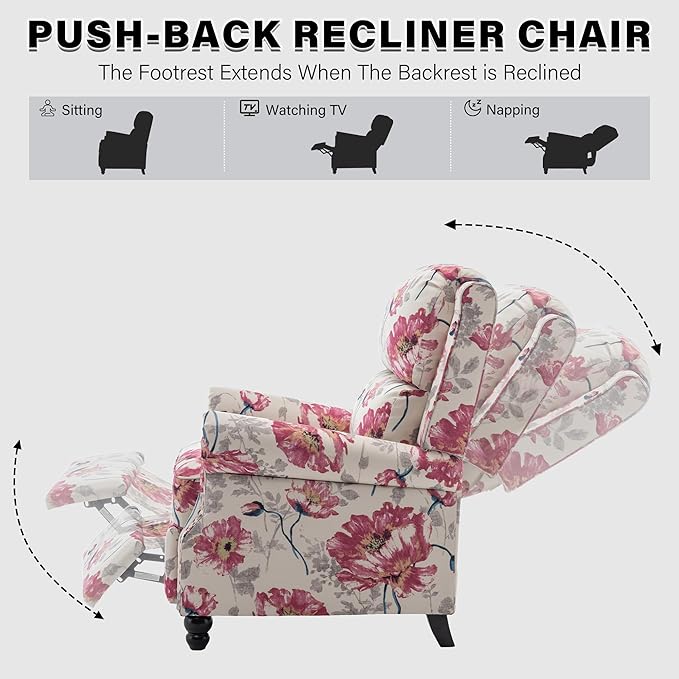 UIXE Pushback Recliner Chairs Set of 2, Fabric Armchair Push Back Accent Chair, Rivet Trim Club Chair Home Theater Overstuffed Single Sofa Reading Seat for Living Room, Pattern