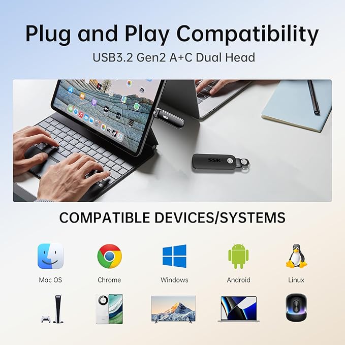 SSK USB Flash Drive 256GB SSD External, TLC NAND Solid State Drive Dual USBC & USBA Ports, Up to 1000MB/s High-Speed Portable 1TB USB Thumb Drive Stick for iPhone 15/16/17 Pro, Mac, Android, PC Backup