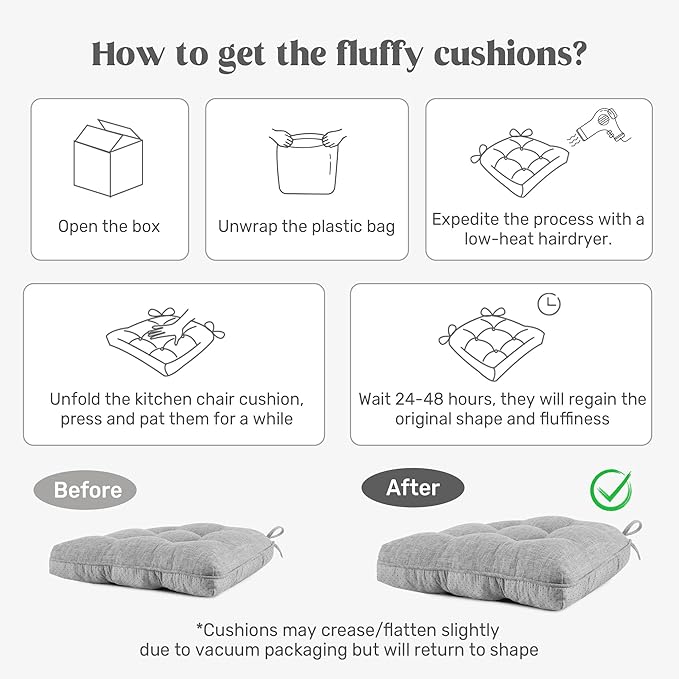 puredown® Chair Cushions for Dining Chairs, Tufted Memory Foam Chair Pads with Non-Slip Backing, Kitchen Seat Cushions with Ties, Washable Seat Pad Set of 4, 15.5" x 15.5" x 4", Khaki