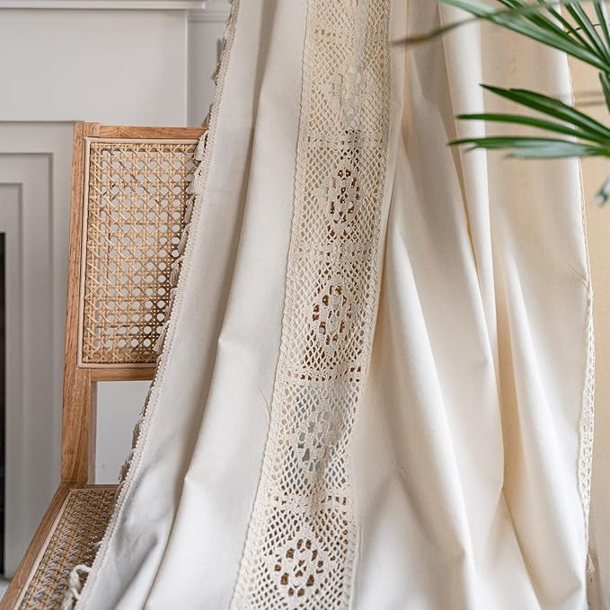 Sutuo Home Boho Curtains Crochet Lace Patchwork Semi-Blackout Bohemian Handmade Tassels, Rod Pocket Window Treatment Vintage Rustic Farmhouse Drapes for Living Bedroom, 1 Panel 59" W x 84" L, Beige