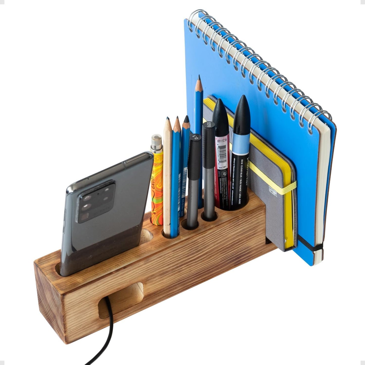 Hoffenwell Wooden Desk Organizer with Phone Holder â Stylish & Functional Book, Pen and Cell Phone Charging Stand - Solid Wood Pen Holder for Desk