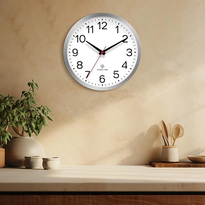 AKCISOT Atomic 10 Inch Wall Clock Analog Clocks for Indoor Kitchen, Battery Operated Clock for Bedroom Office Classroom Living Room(Silver)