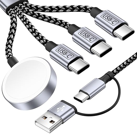 4 in 2 Charging Cable for Apple iWatch Charger with 3 Type-C Ports, Travel Essentials USB C Splitter Multi Charging Cable/Cord for iWatch Ultra/SE/10-1, iPhone17 16 15 14, Android, More -1Pack 5FT