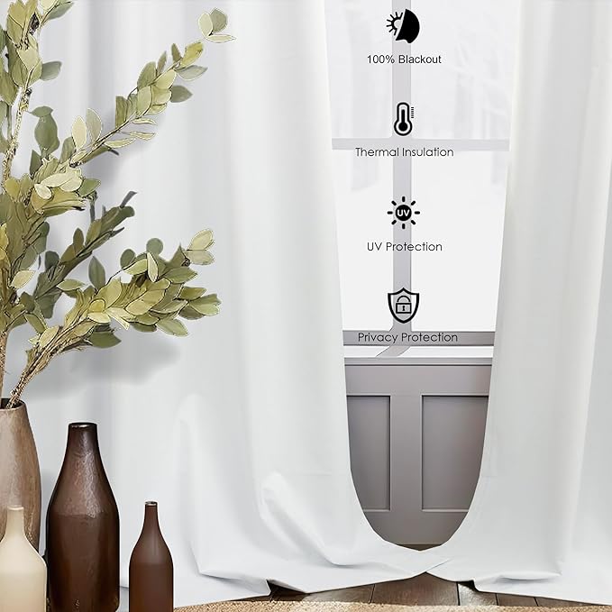 Thick Linen Blackout Curtains 105 Inches Long 2 Panels Set White Custom Length Heat Cold Draft Blocking Winter Curtains Back Tab Pocket Large Window Drapes for Office Home Living Room Bedroom 52 Wide