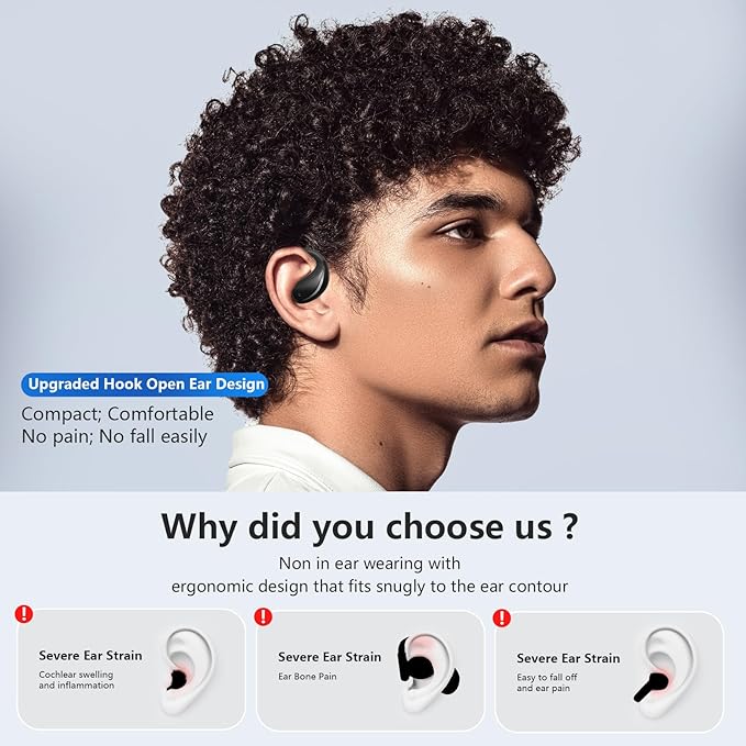 Open Ear Clip Wireless Earbuds Bone Conduction Headphones, Bluetooth 5.4,Open Ear Design,Built-in Mic, IPX5 Waterproof,LED Display Charging Case,Ear Hooks Ear Buds Design for Running Fitness ,Black
